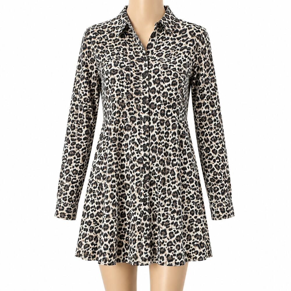 Umgee Leopard Print Button Front Shirt Dress Women’s Medium